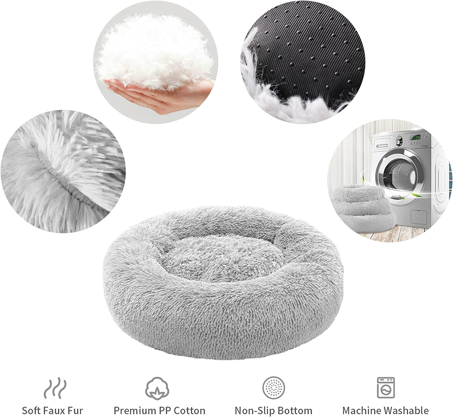 Anti-Anxiety Donut Cat & Dog Bed - Round, Cozy, Plush, Machine Washable, 20X20Inch Grey