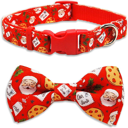 Christmas Dog Collar with Bow Tie Set,Red Cookies Pattern Pet Collar for Small Medium Large Dogs, Adjustable Puppy Collar