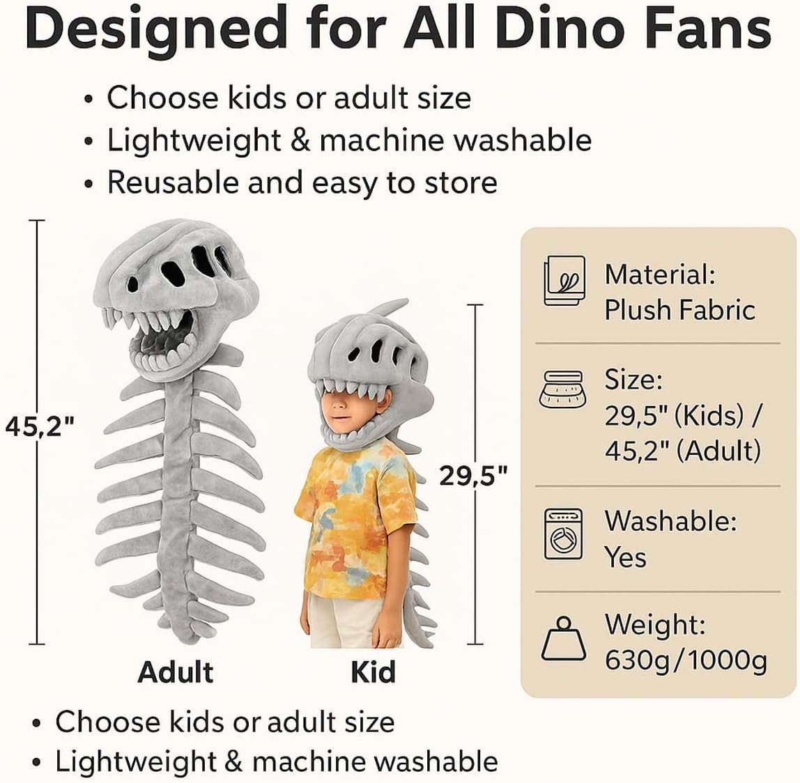 Dinosaur Costume-3D Skeleton Design Plush Realistic Dino Outfit, 2025 New Christmas Fun Skeleton Dinosaur Costume Set (45.2Inch)