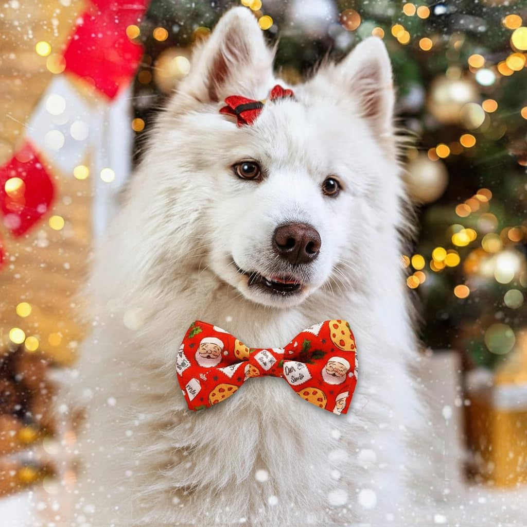Christmas Dog Collar with Bow Tie Set,Red Cookies Pattern Pet Collar for Small Medium Large Dogs, Adjustable Puppy Collar