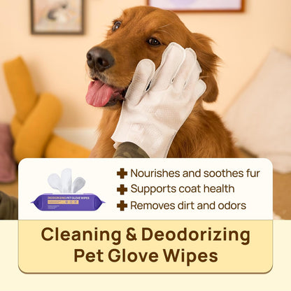 Cleaning Deodorizing Glove Wipes for Dogs & Cats, Vet Recommended Hypoallergenic Hydrating & Nourish Fur Pet Grooming Glove Wipes, Pet Bathing Wipes for Horse Coat Care