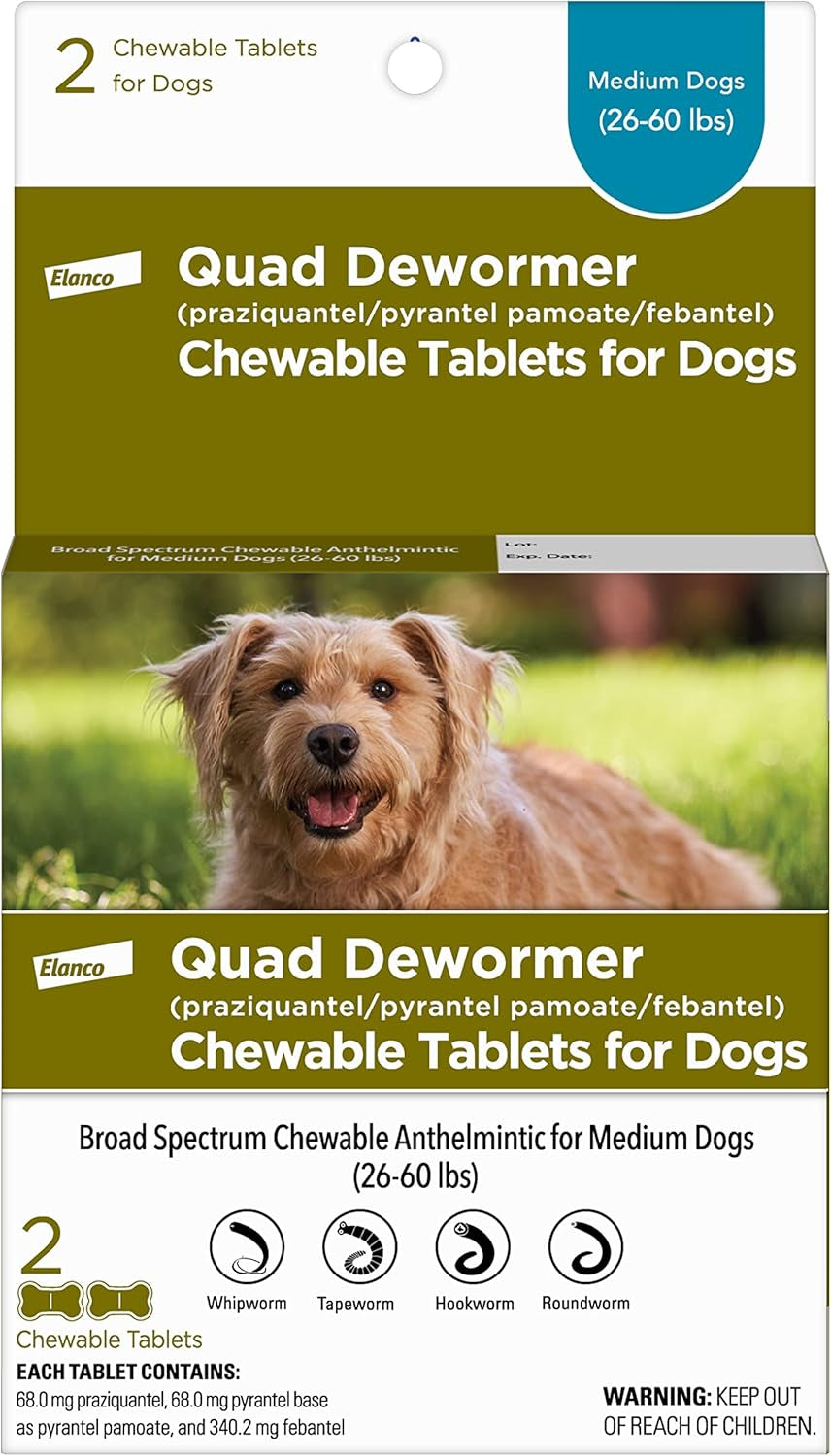 Chewable Quad Dewormer for Medium Dogs, 26-60 Lbs, 2 Chewable Tablets