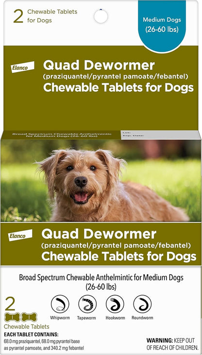Chewable Quad Dewormer for Medium Dogs, 26-60 Lbs, 2 Chewable Tablets
