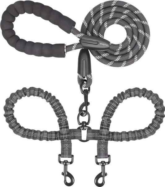 Dual Dog Leash - 360° Swivel, No Tangle Walking Leash with Shock Absorbing Bungee for Two Dogs (Large, 25-150 Lbs, Black)