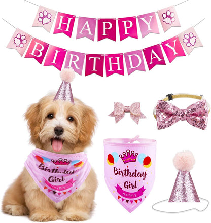 Dog Birthday Party Supplies Bandana Hat Banner Set Boy Girl Cute Bow Tie Scarf Birthday Decorations (Pink，Dog Girl)
