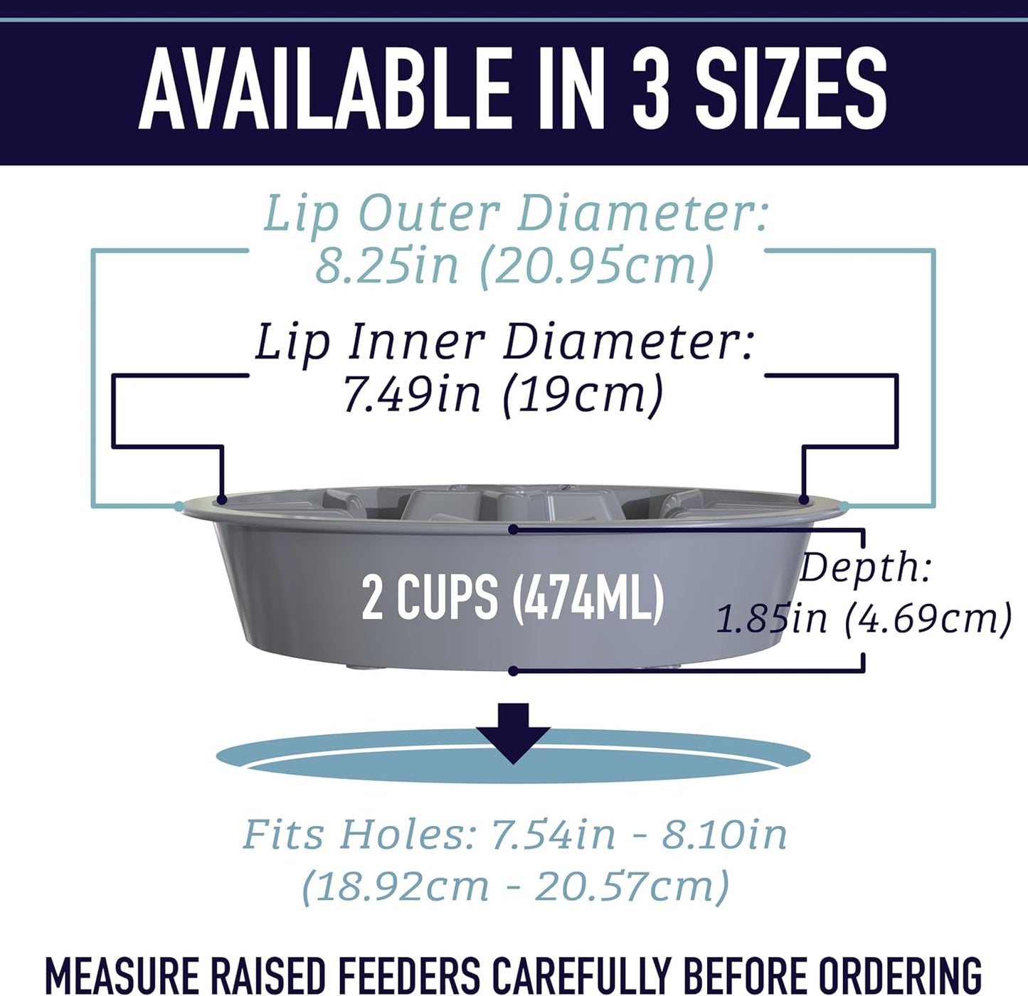 Slow Feeder Dog Bowls - 2 Cup, Puzzle Dog Food Bowl with Feeder Holes, Fits into Elevated Pet Feeders, Slow Eating for Large, Medium & Small Sized Breeds, Gray