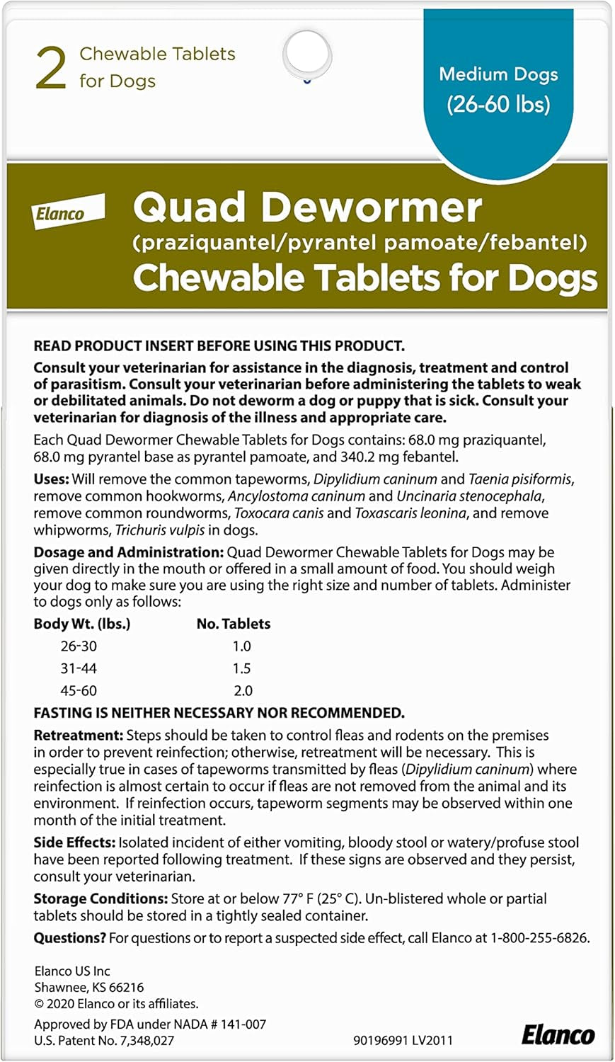 Chewable Quad Dewormer for Medium Dogs, 26-60 Lbs, 2 Chewable Tablets