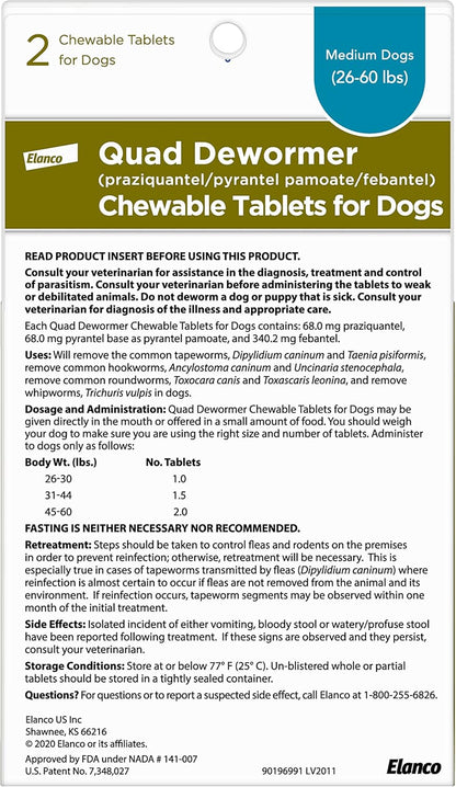 Chewable Quad Dewormer for Medium Dogs, 26-60 Lbs, 2 Chewable Tablets