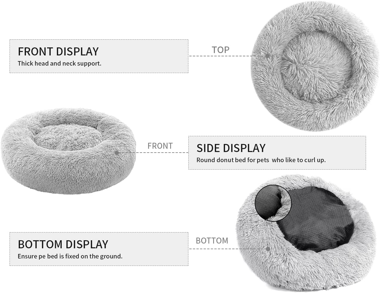 Anti-Anxiety Donut Cat & Dog Bed - Round, Cozy, Plush, Machine Washable, 20X20Inch Grey